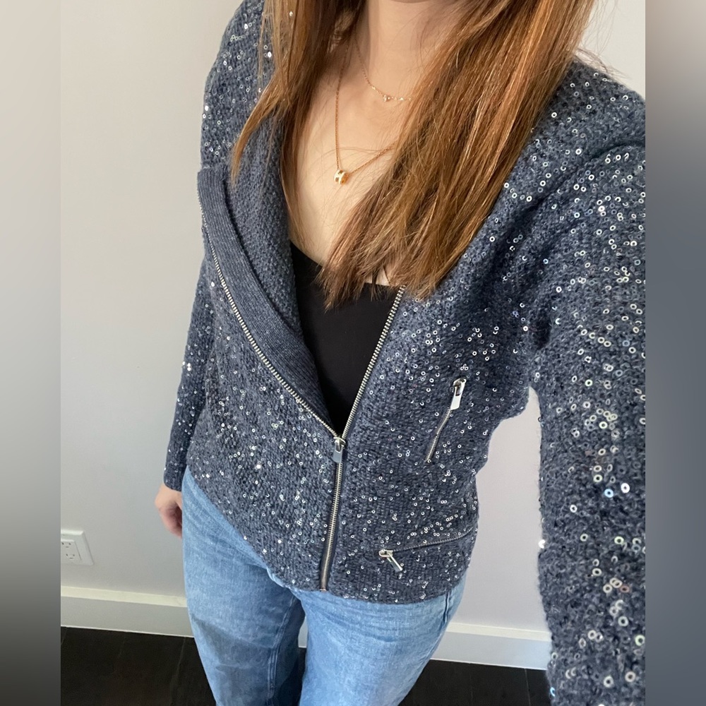 NWT Maje Blue Knit Asymmetrical Zip Sequin Jacket - size 2